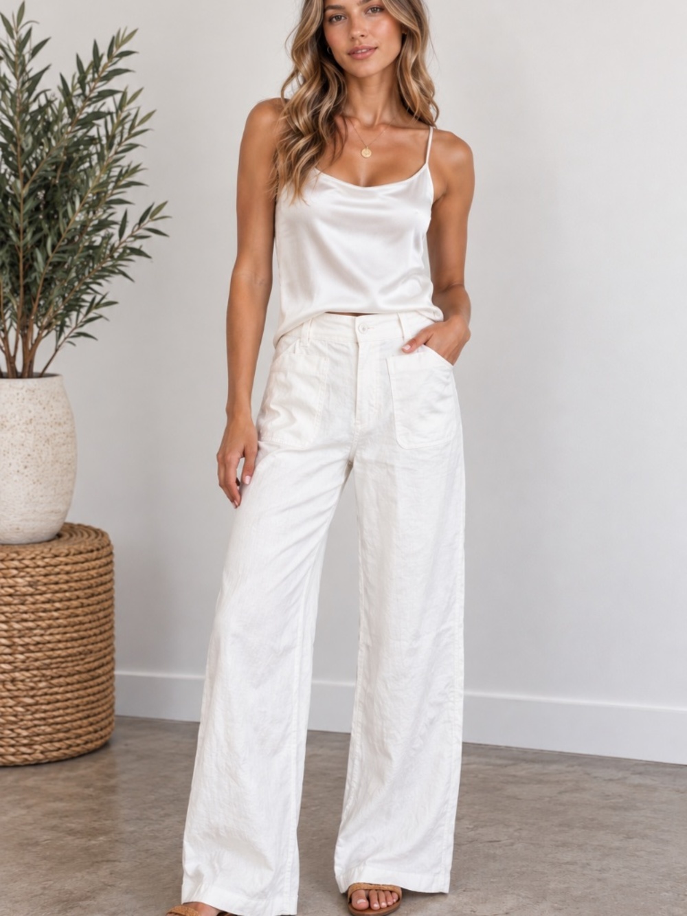Nicole Miller White 100% Linen Wide-Leg Pants w/Patch Pockets